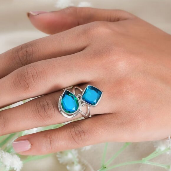 Sajen Rainbow Caribbean Doublet Quartz 7.80 ctw Ring Rhodium over Sterling Sz6 - Picture 4 of 6